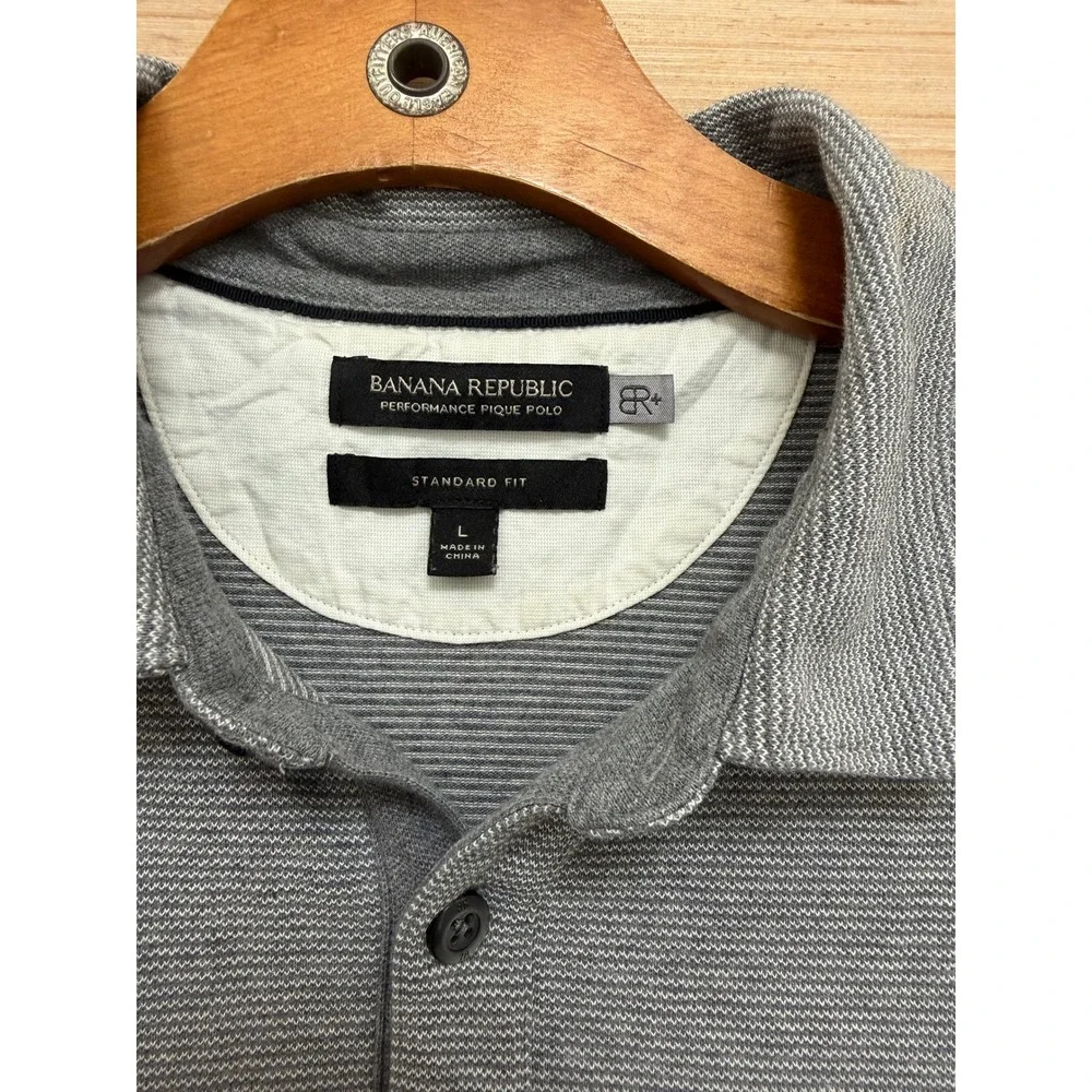 Banana Republic Mens Performance Pique Polo Shirt Grey Stripe Standard Fit L